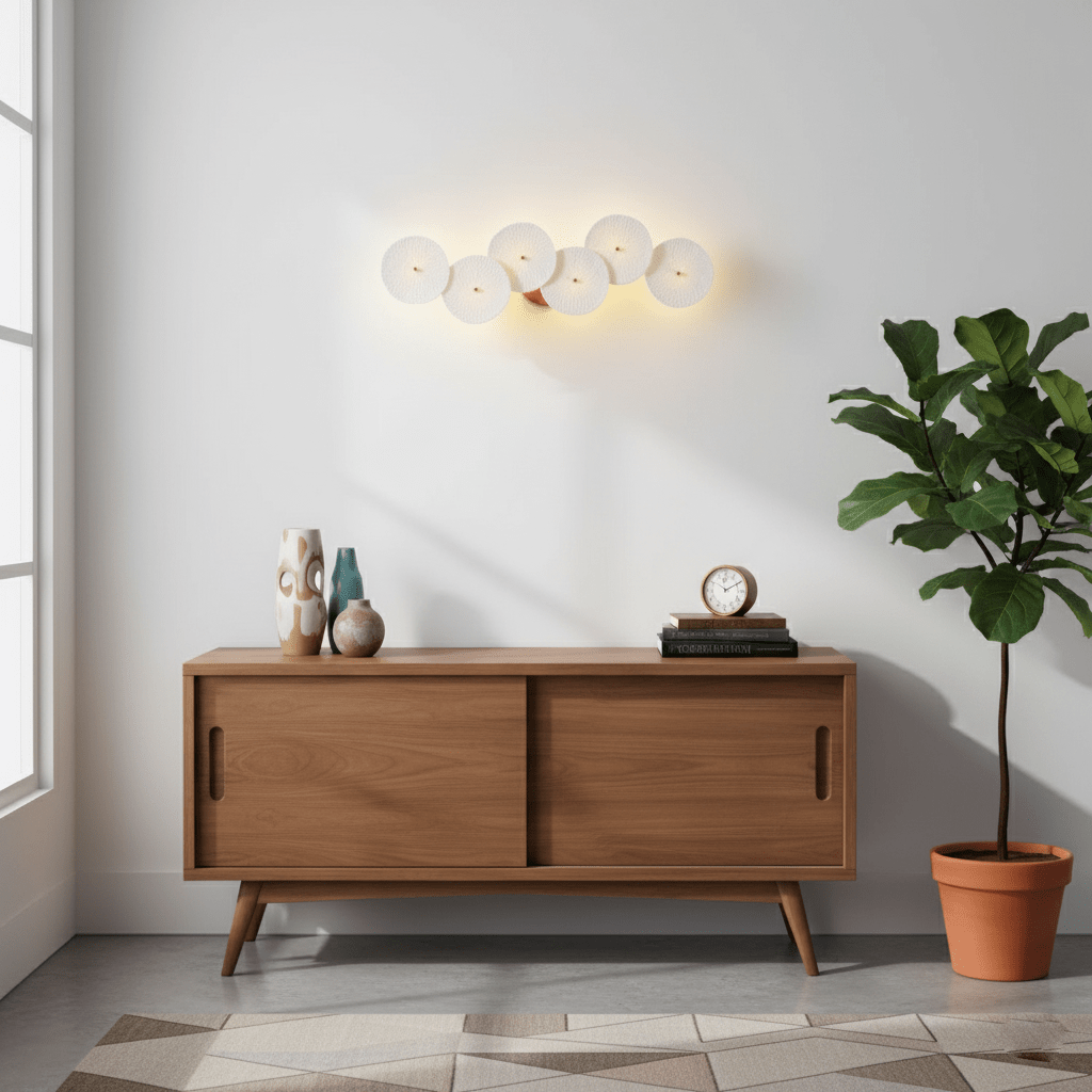 White ceramic lotus petal wall lamp detail on gold metal
