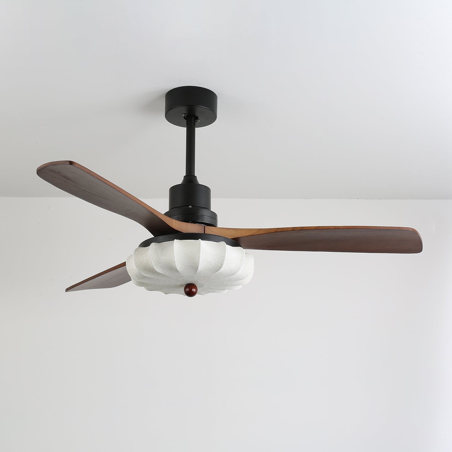 Lotus Bloom ceiling fan with printed fabric shade and walnut blades