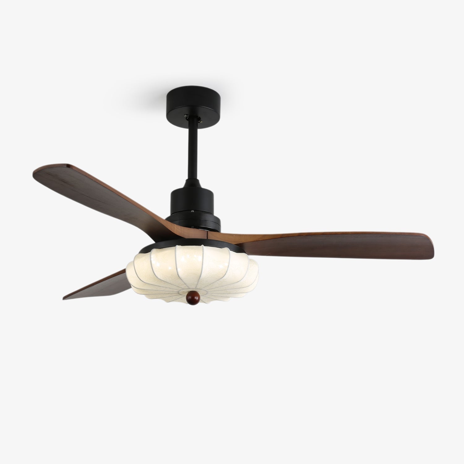 Ceiling fan light with warm LED glow through the fabric lotus shade