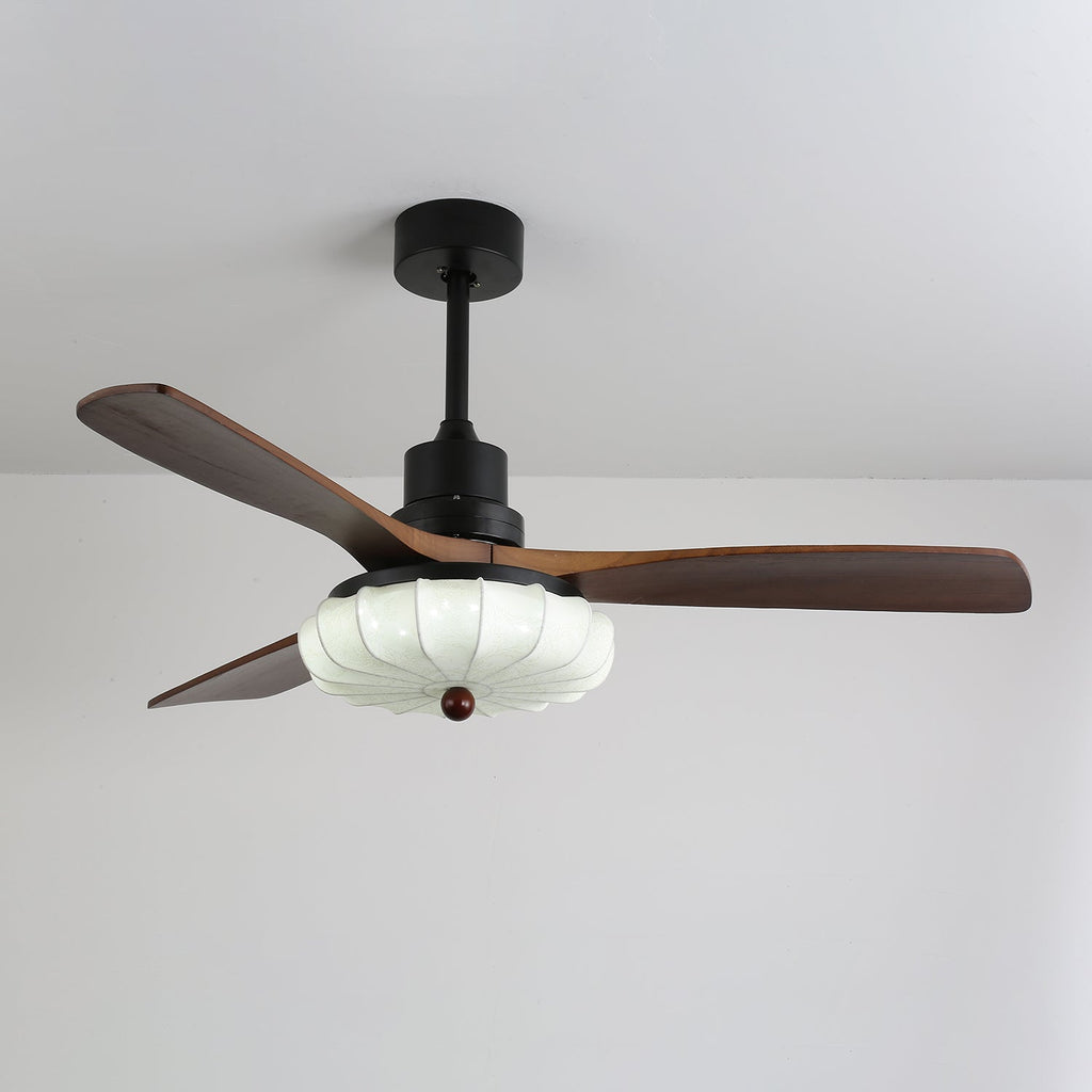 Ceiling fan light with lotus fabric shade and walnut blades