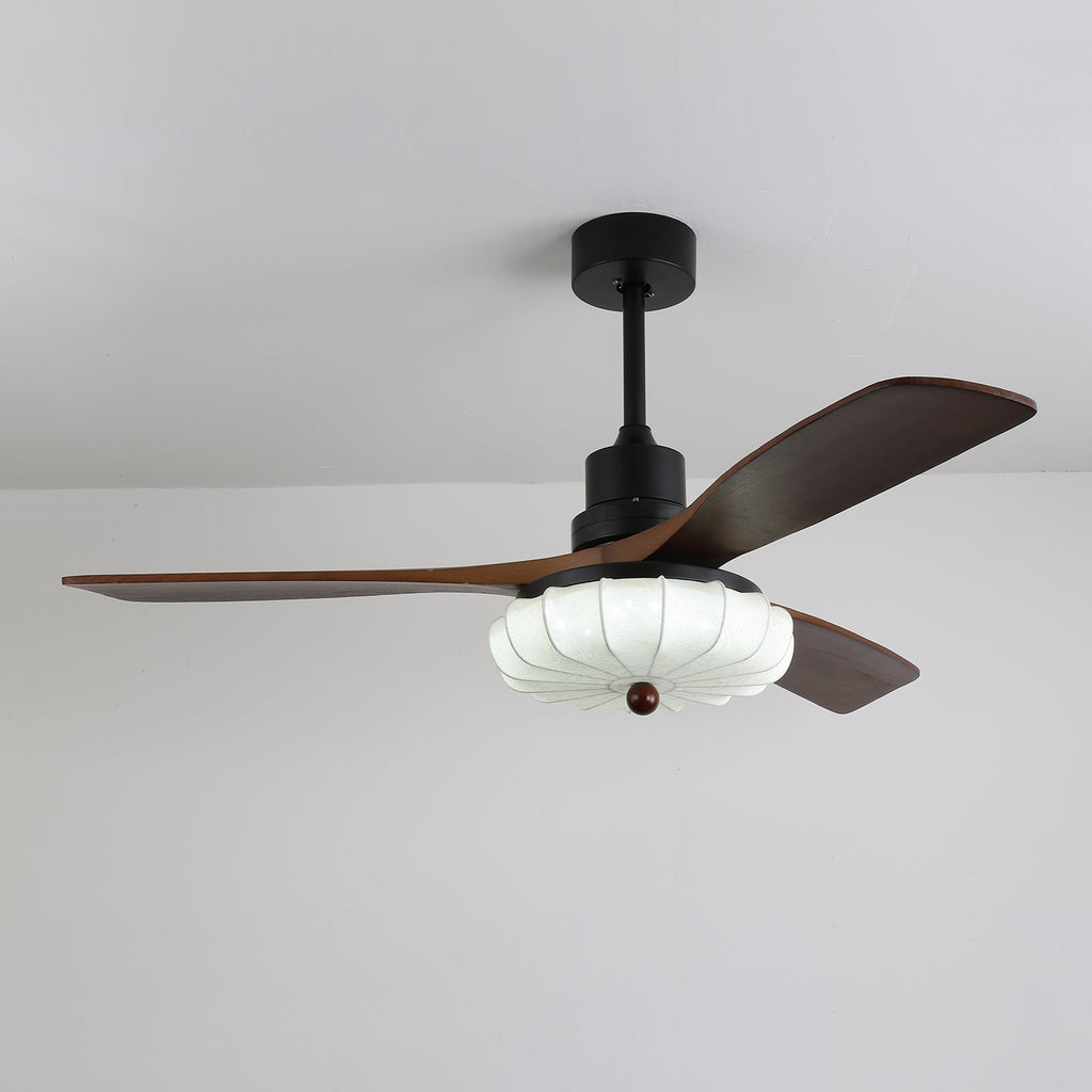 Lotus Bloom ceiling fan light shown with blades and fabric shade