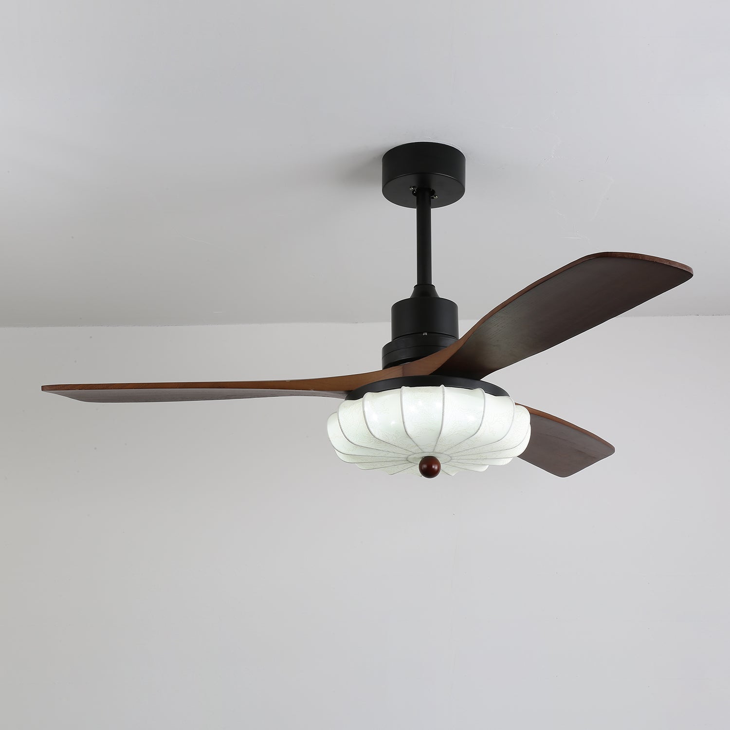 Lotus Bloom ceiling fan light shown with blades and fabric shade