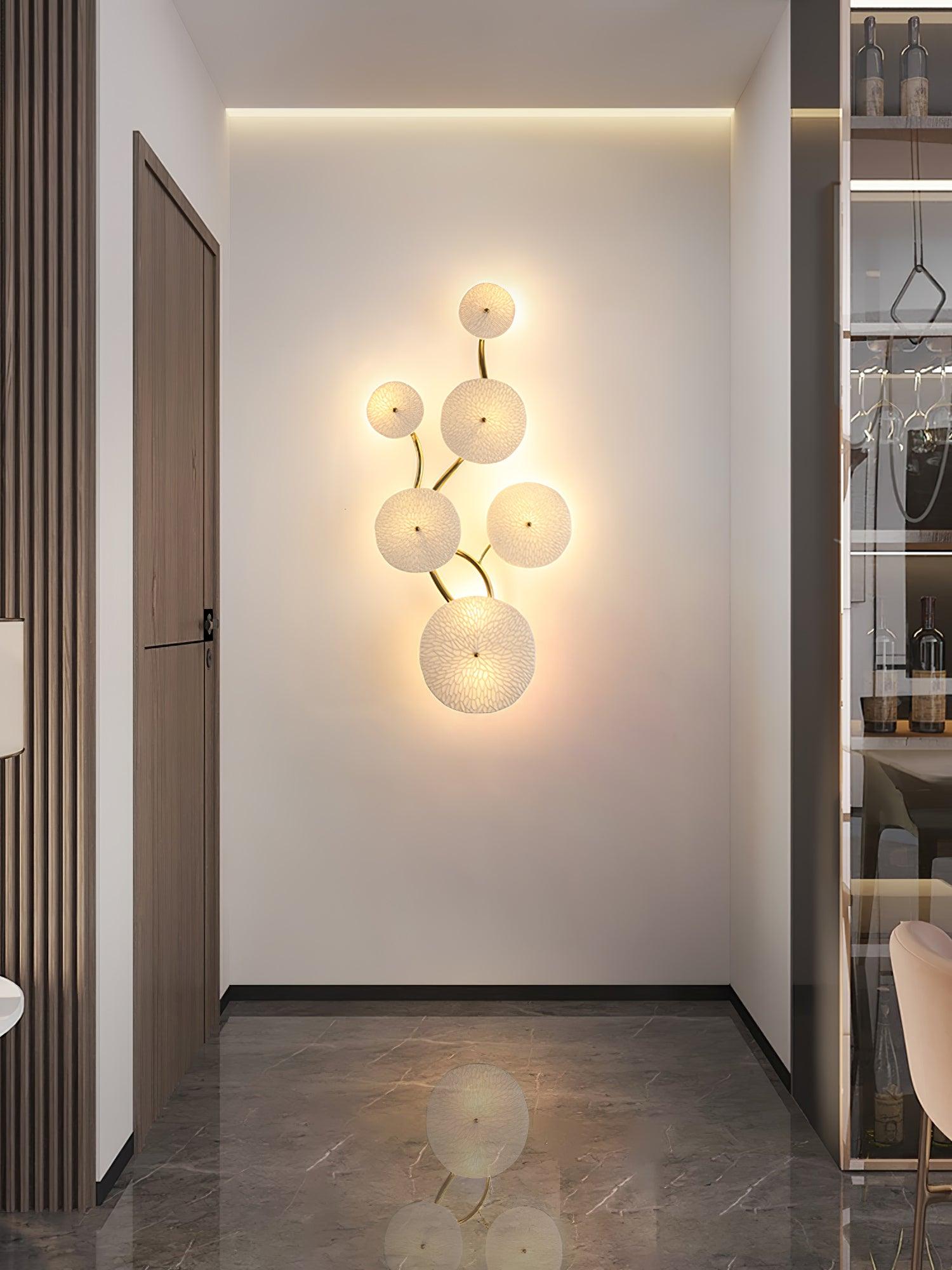 Wall Sconce, White Ceramic Lotus Petals, Gold Spine, G4 Hardwired
