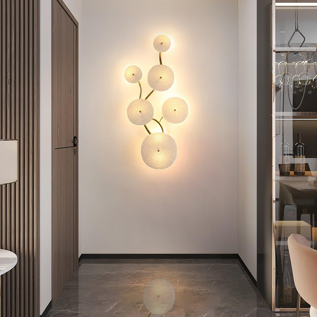 Vertical lotus petal wall sconce in white ceramic and gold