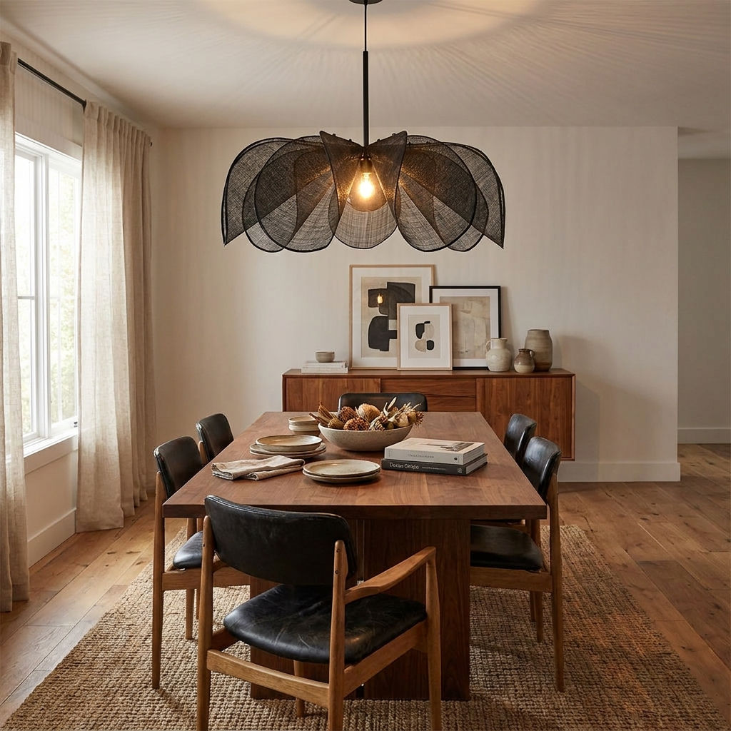 This Clérachic pendant's black petals fan open above a wood dining table flanked by black leather chairs.