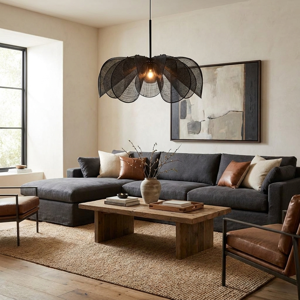 A black fiber-petal Clérachic pendant hangs low over a coffee table in a living room with a dark sofa.