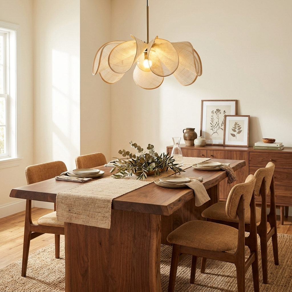 This Clérachic pendant in beige with golden-trimmed petals hangs over a walnut dining table set for a meal.