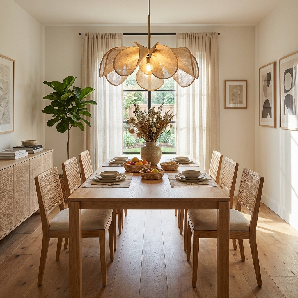 In a dining room with tall curtained windows, this Clérachic pendant's beige petals glow above a wood table.