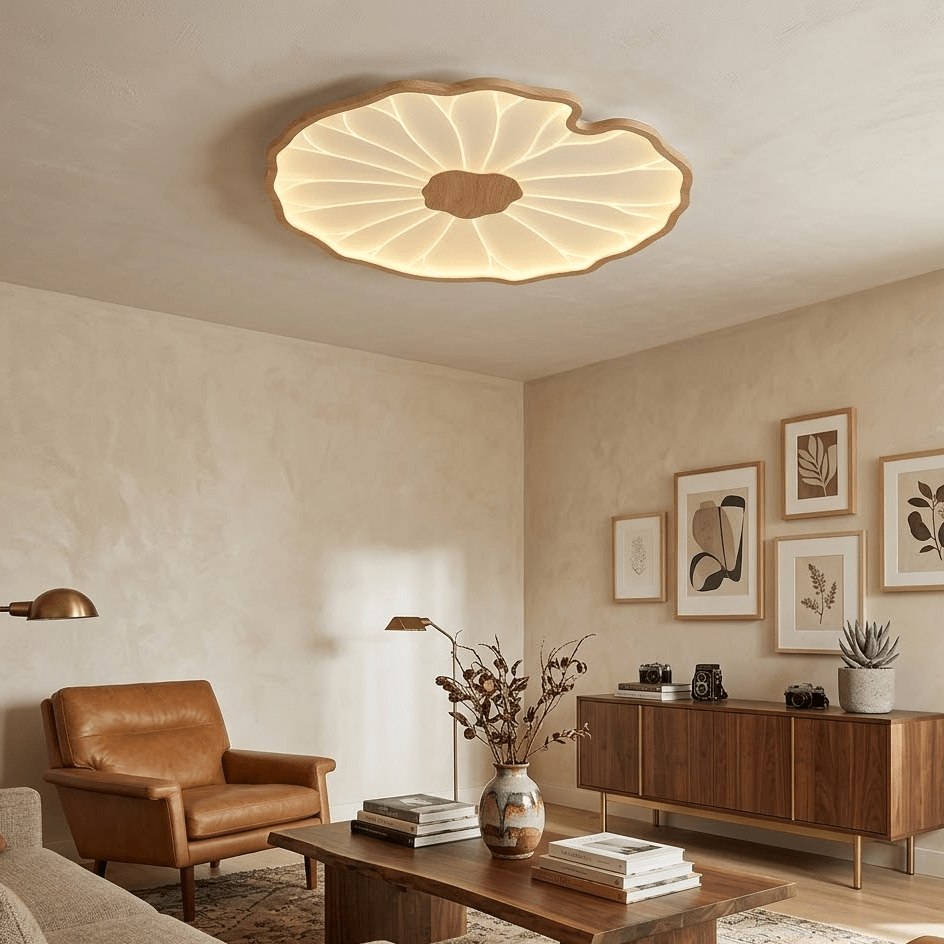Lotus leaf ceiling light natural wood-grain finish shown lit