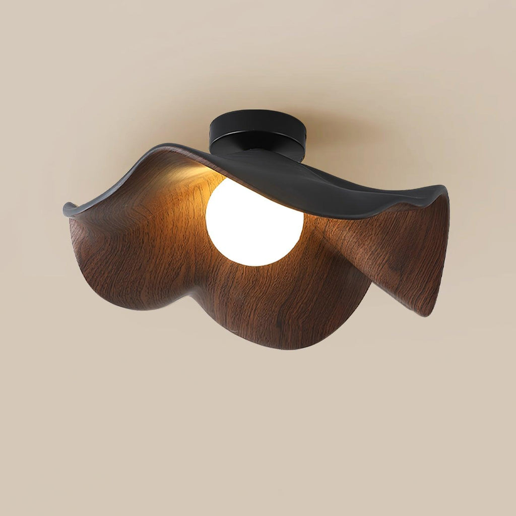 Flush Mount Ceiling Light, Wood-Grain Leaf Shade, White, G9, Lotus