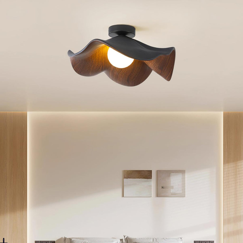 Flush Mount Ceiling Light, Wood-Grain Leaf Shade, White, G9, Lotus