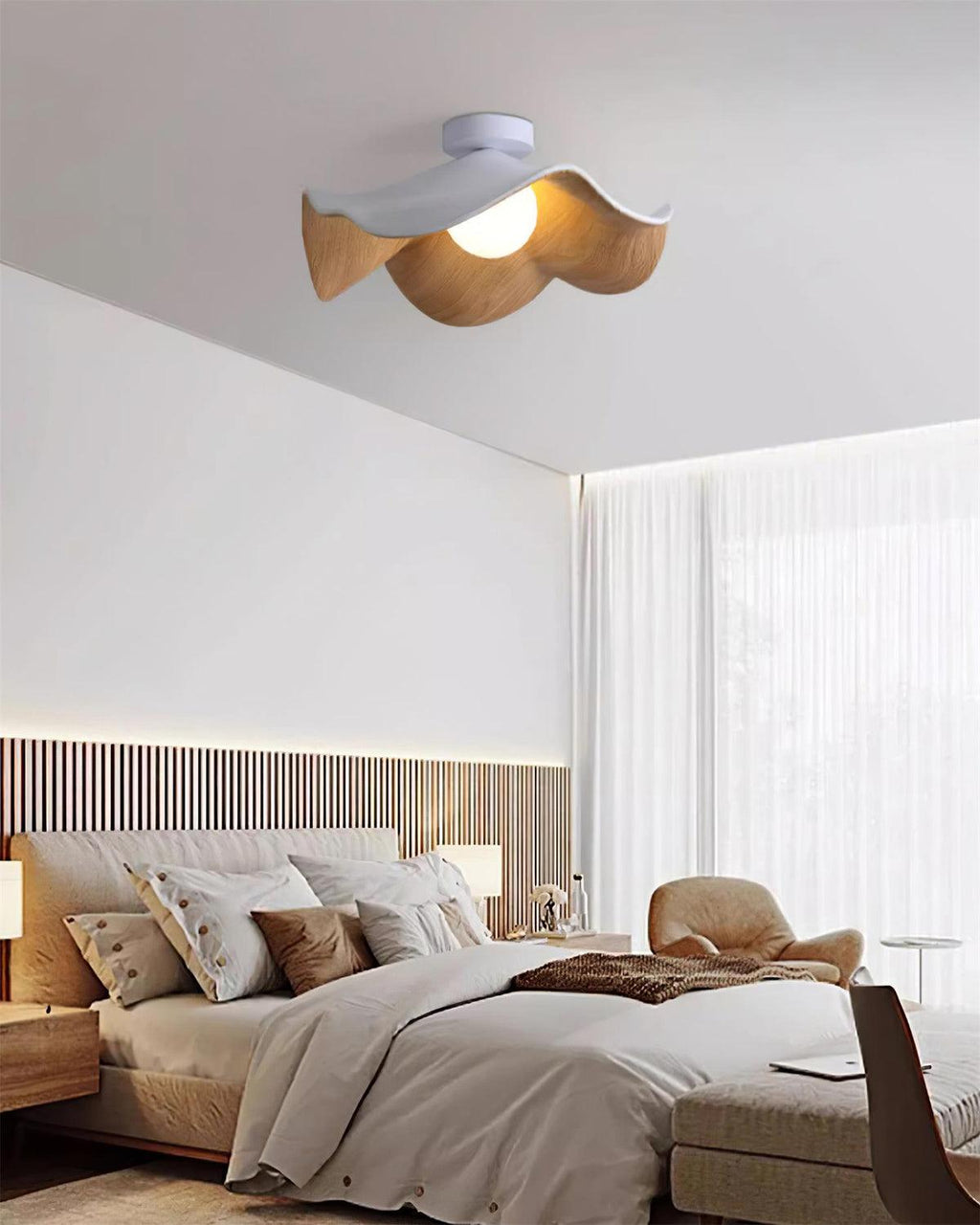 Flush Mount Ceiling Light, Wood-Grain Leaf Shade, White, G9, Lotus