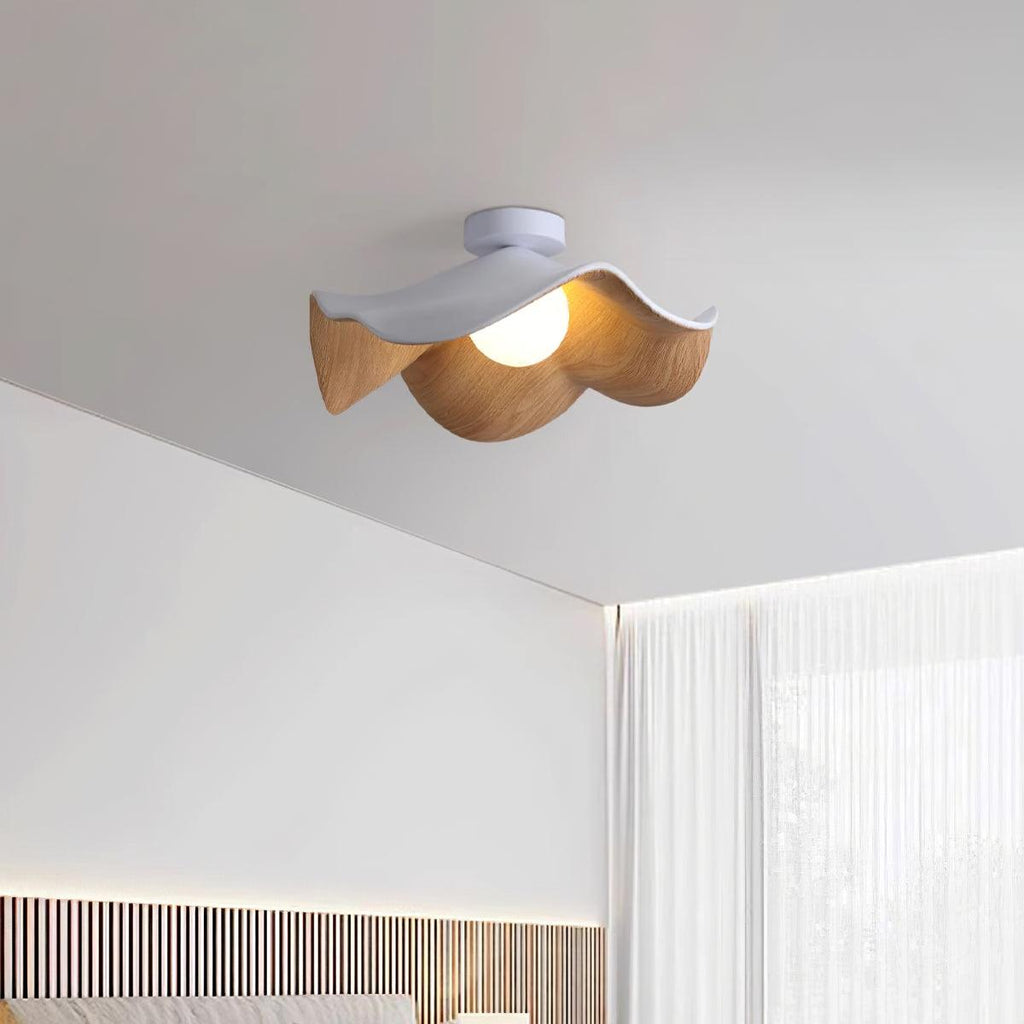 Flush Mount Ceiling Light, Wood-Grain Leaf Shade, White, G9, Lotus