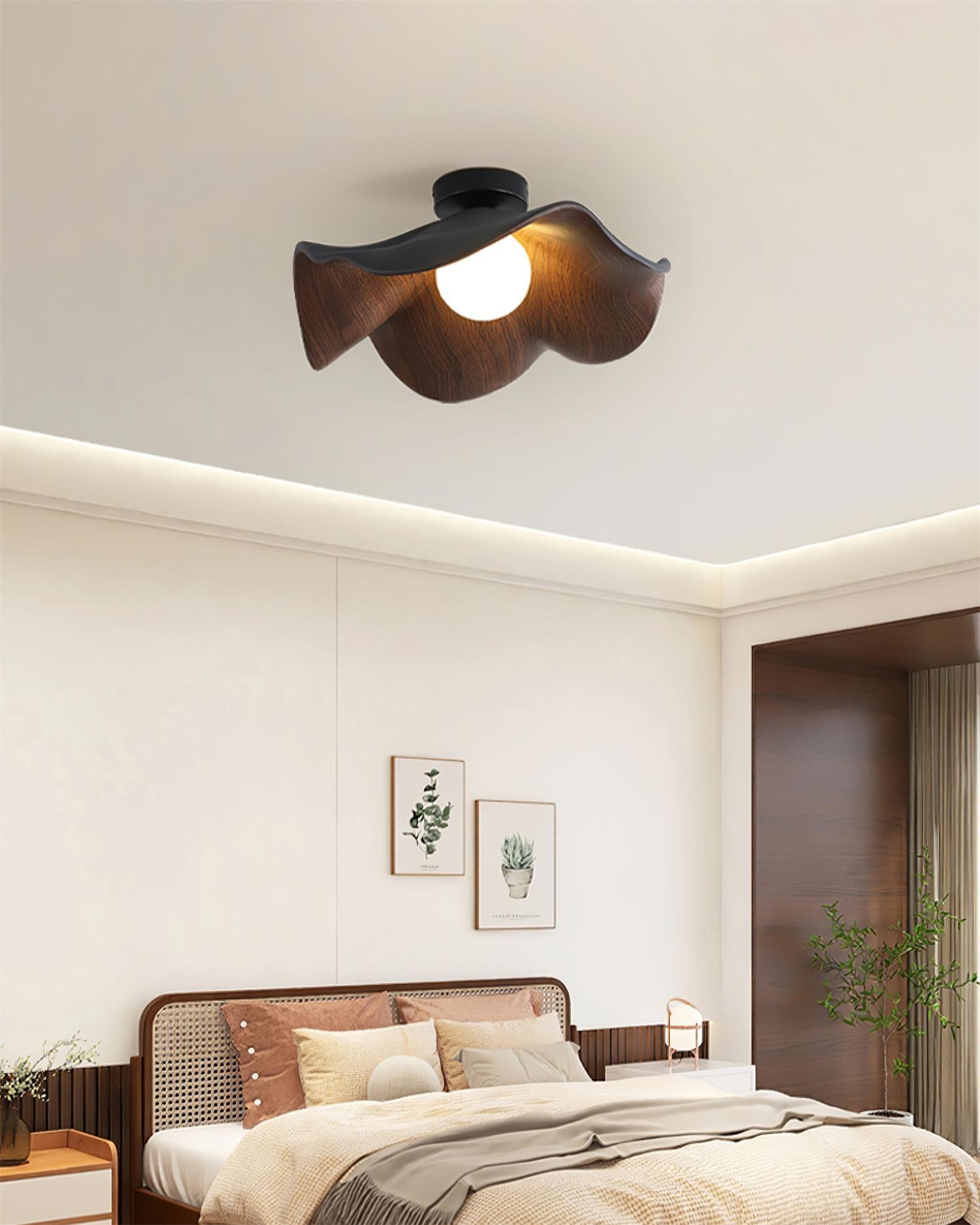 Flush Mount Ceiling Light, Wood-Grain Leaf Shade, White, G9, Lotus