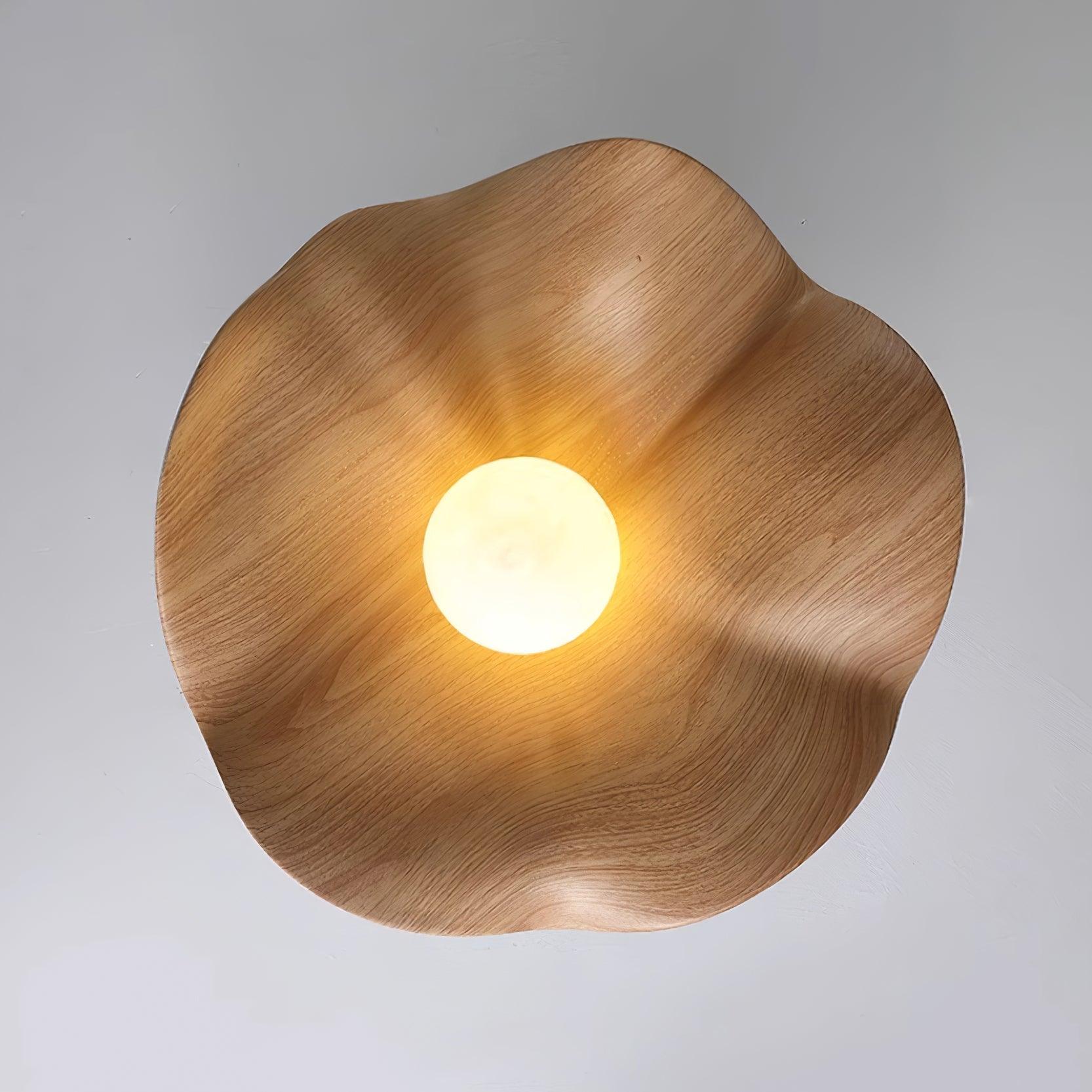 Flush Mount Ceiling Light, Wood-Grain Leaf Shade, White, G9, Lotus