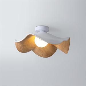 Flush Mount Ceiling Light, Wood-Grain Leaf Shade, White, G9, Lotus