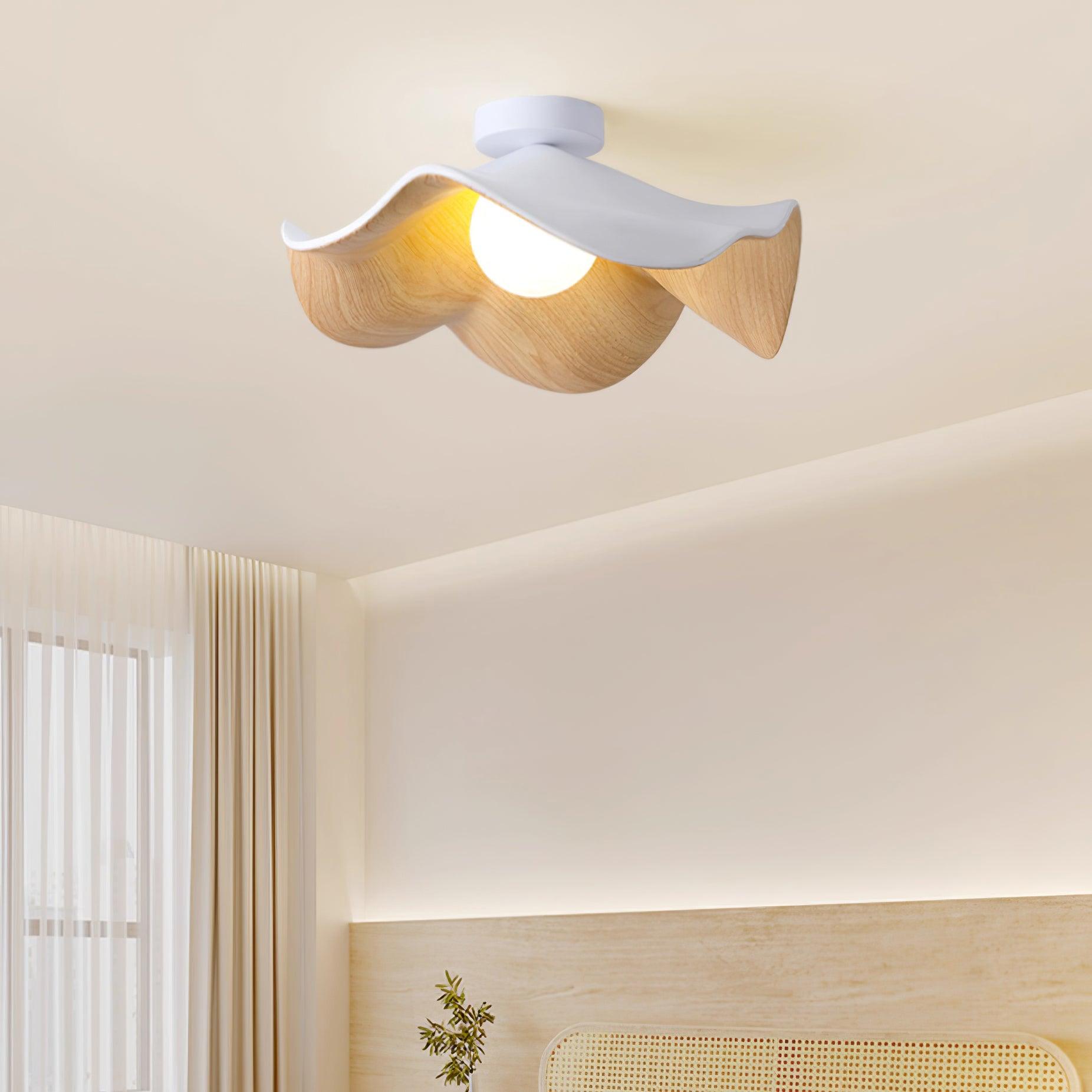 Flush Mount Ceiling Light, Wood-Grain Leaf Shade, White, G9, Lotus