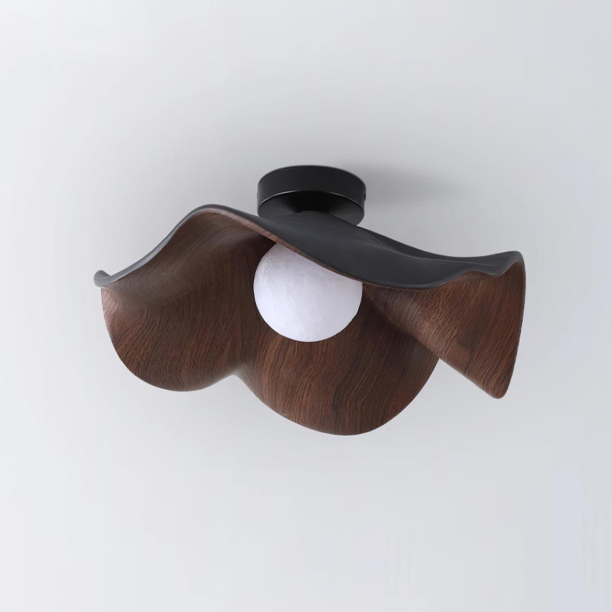 Flush Mount Ceiling Light, Wood-Grain Leaf Shade, White, G9, Lotus