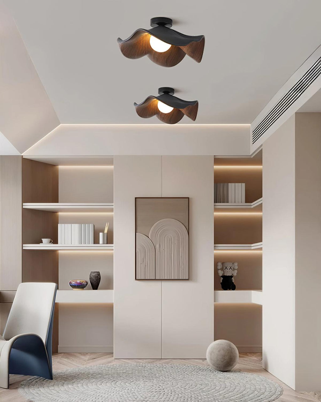 Flush Mount Ceiling Light, Wood-Grain Leaf Shade, White, G9, Lotus