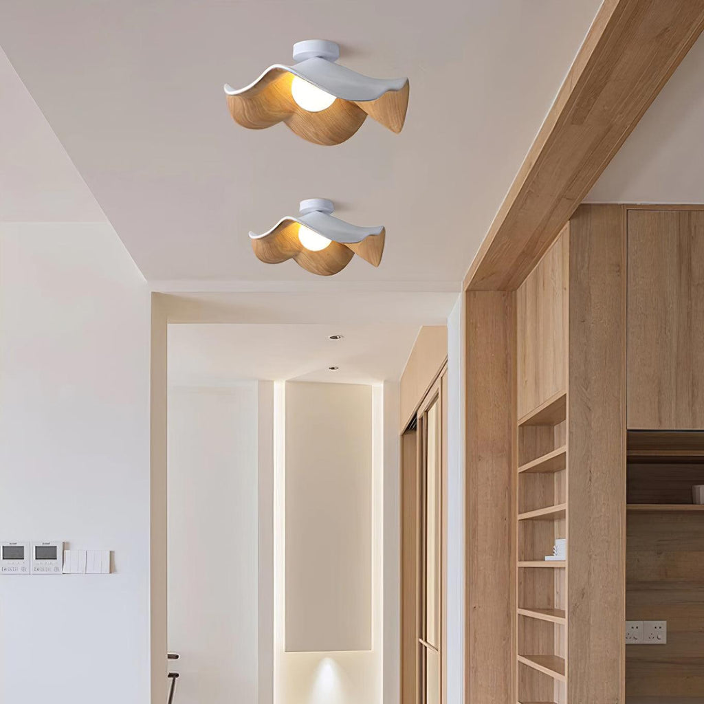 Flush Mount Ceiling Light, Wood-Grain Leaf Shade, White, G9, Lotus