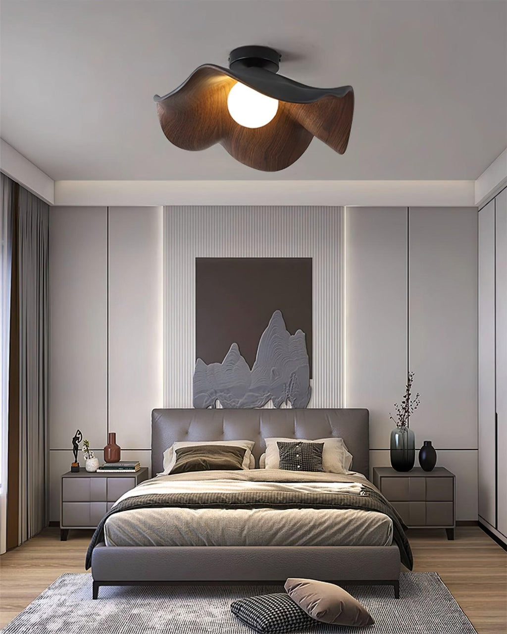 Wood-grain lotus leaf ceiling light shown at an angle