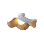 Lotus leaf flush mount ceiling light with wood-grain finish and white shade