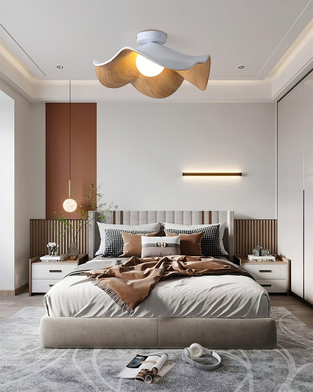 Sculptural leaf flush mount light with white shade and soft glow