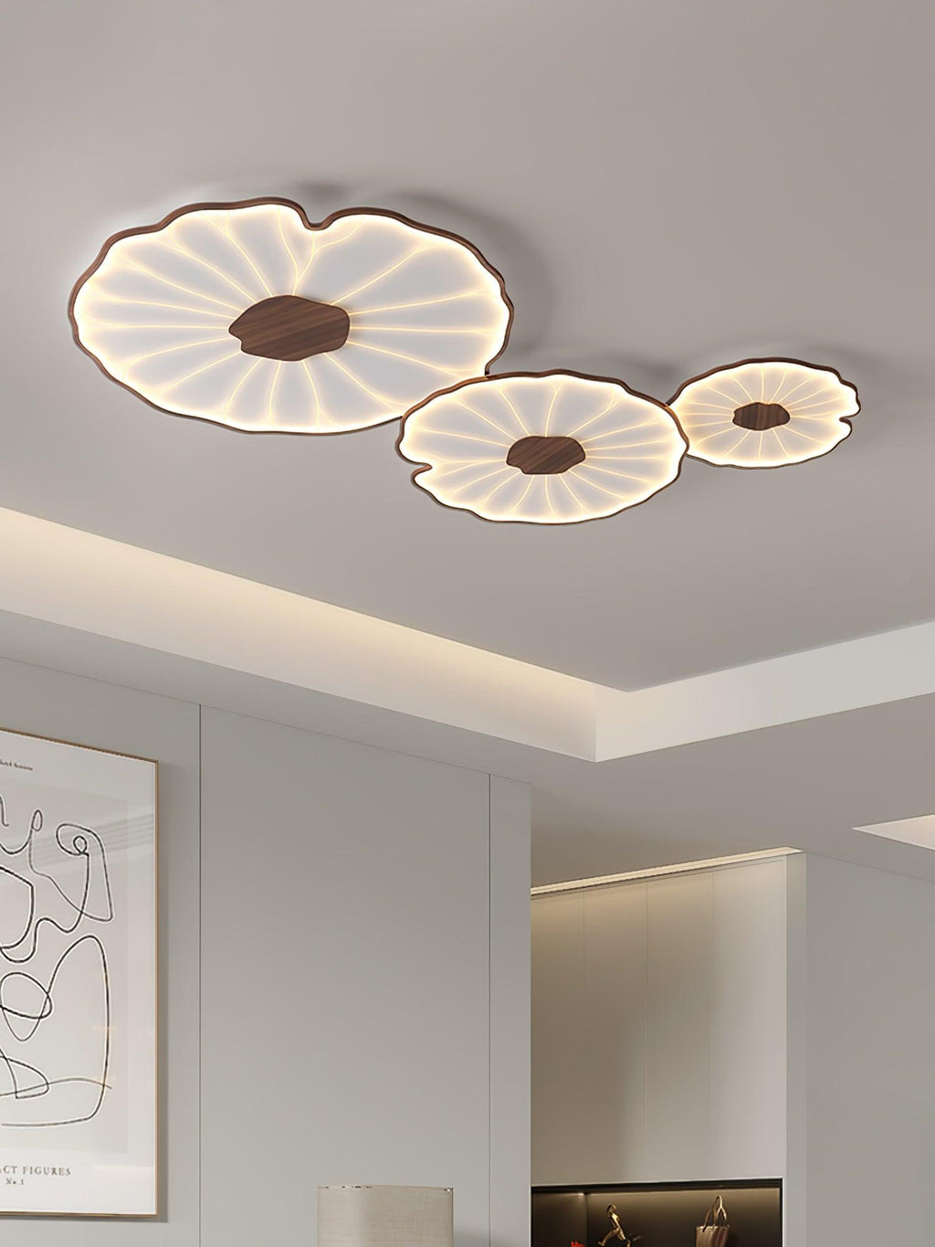 Loftlampe Lotusblad, træstruktur akryl, integreret LED, indbygget montage