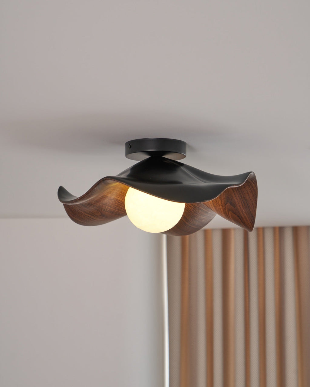 Flush Mount Ceiling Light, Wood-Grain Leaf Shade, White, G9, Lotus