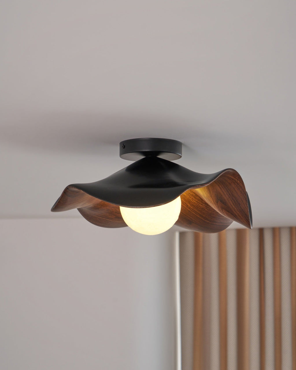 Flush Mount Ceiling Light, Wood-Grain Leaf Shade, White, G9, Lotus