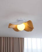 Flush Mount Ceiling Light, Wood-Grain Leaf Shade, White, G9, Lotus