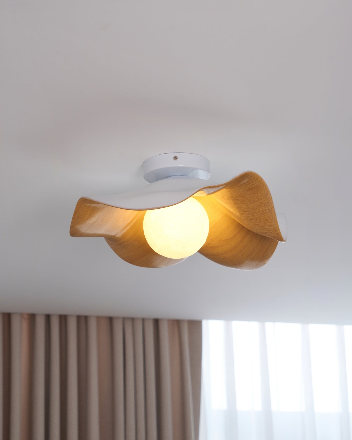 Flush Mount Ceiling Light, Wood-Grain Leaf Shade, White, G9, Lotus