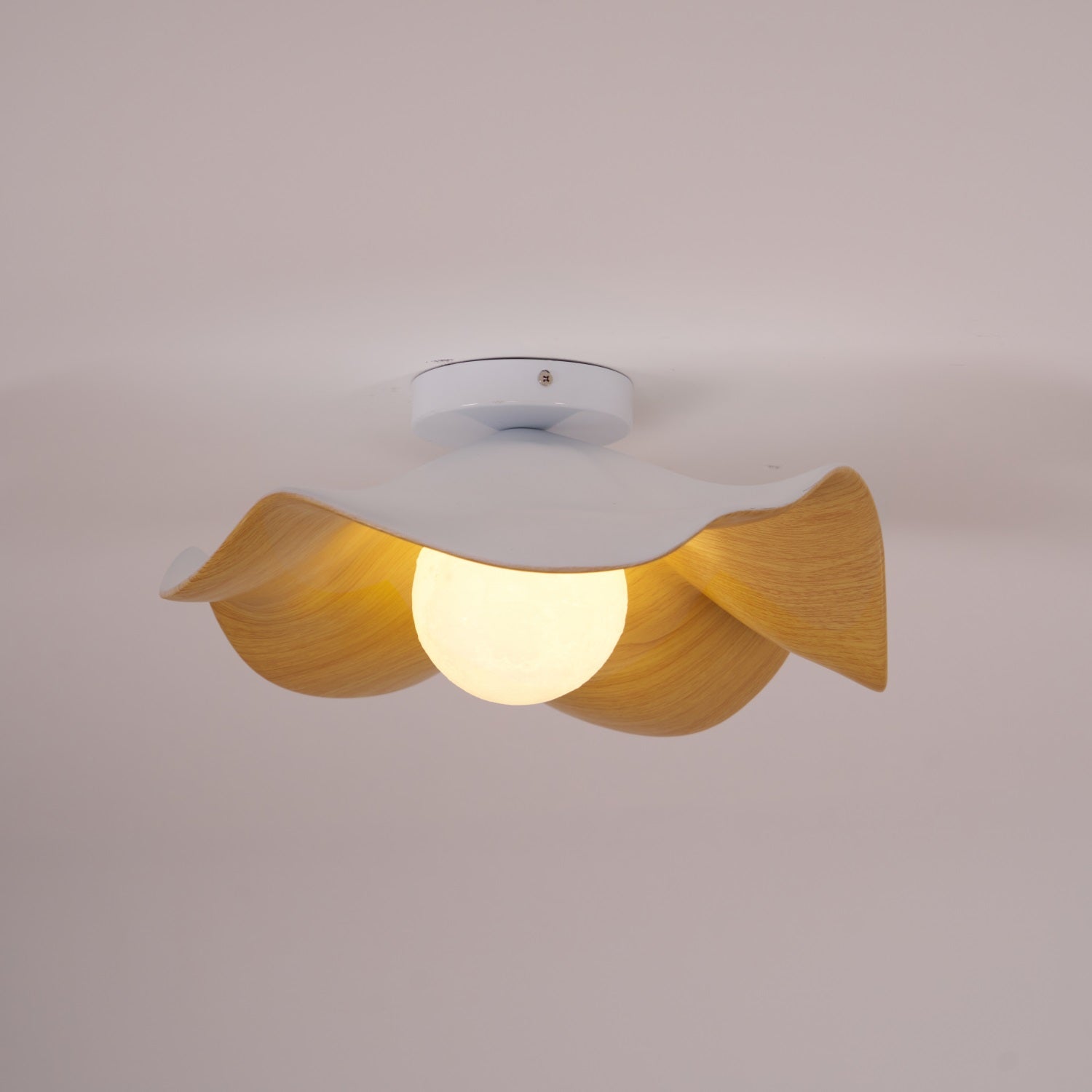 Flush Mount Ceiling Light, Wood-Grain Leaf Shade, White, G9, Lotus