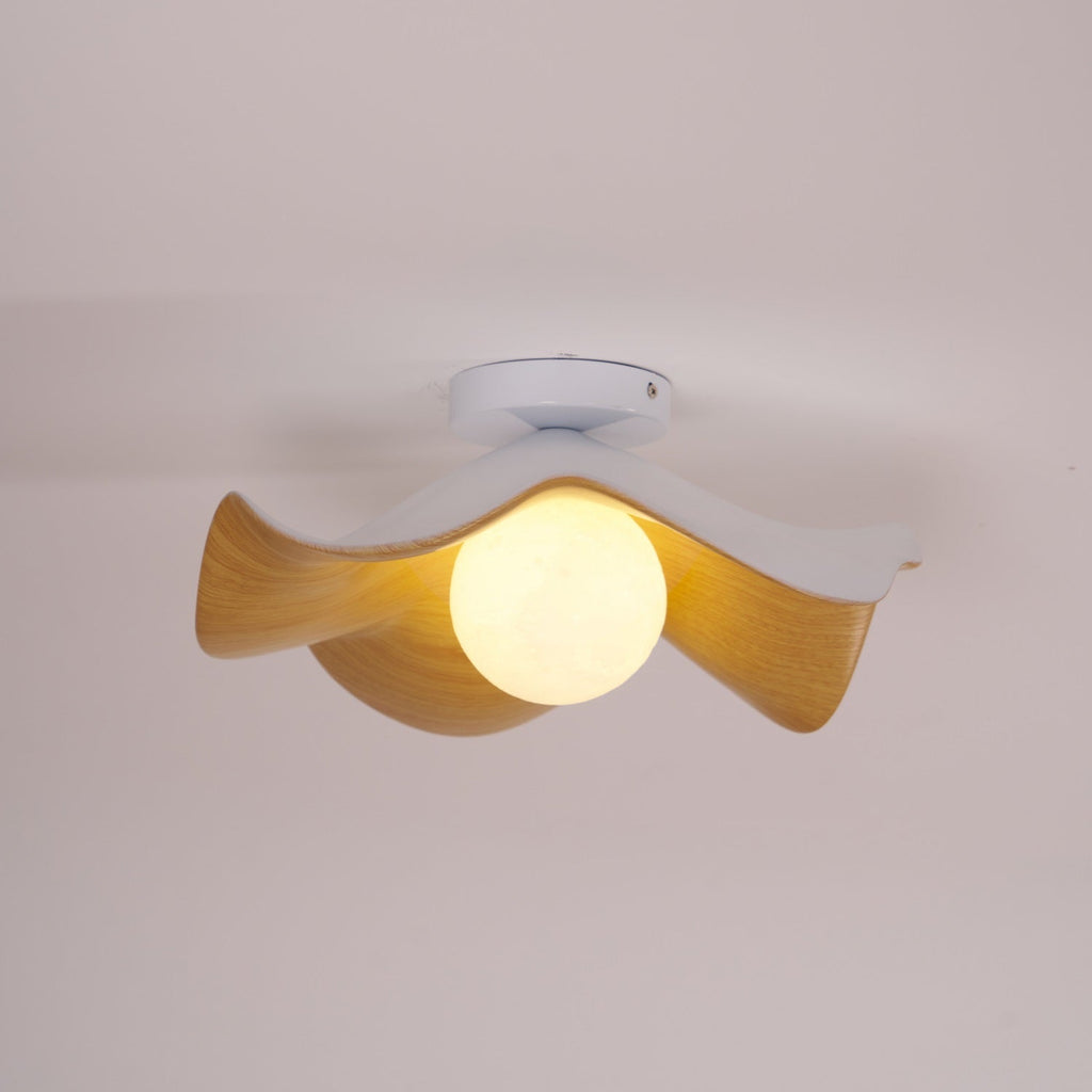 Flush Mount Ceiling Light, Wood-Grain Leaf Shade, White, G9, Lotus