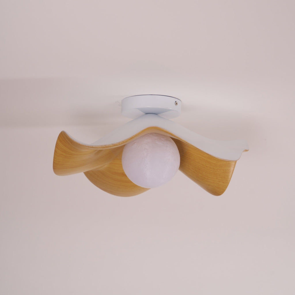 Flush Mount Ceiling Light, Wood-Grain Leaf Shade, White, G9, Lotus