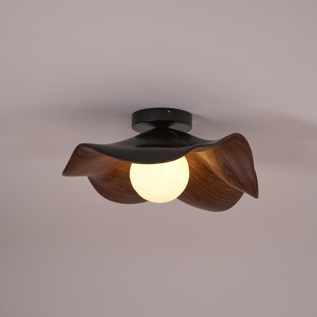 Flush Mount Ceiling Light, Wood-Grain Leaf Shade, White, G9, Lotus