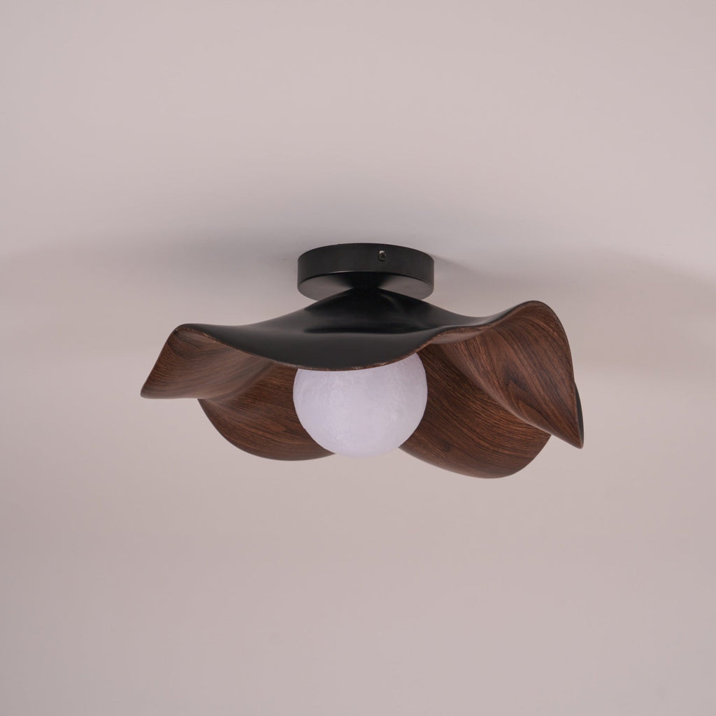 Flush Mount Ceiling Light, Wood-Grain Leaf Shade, White, G9, Lotus