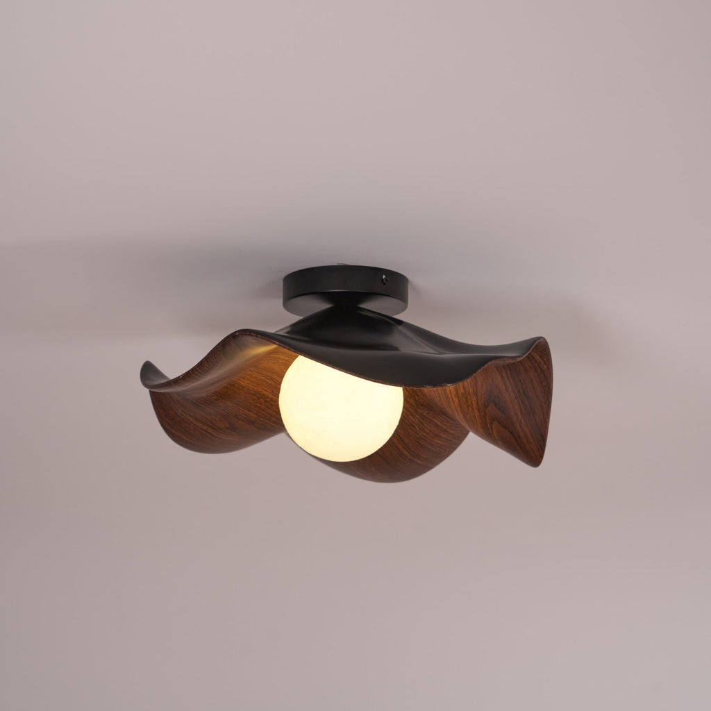 Flush Mount Ceiling Light, Wood-Grain Leaf Shade, White, G9, Lotus