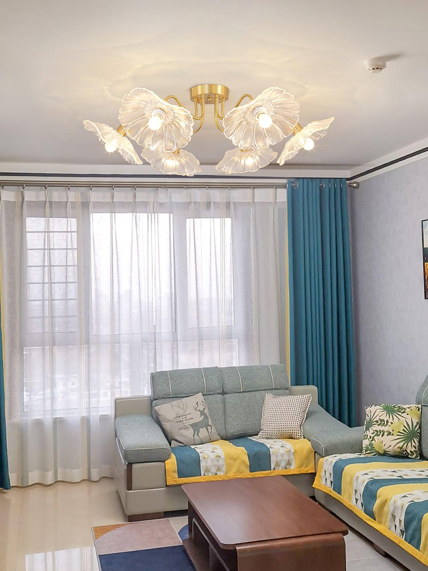 Ceiling Light, Frosted Leaf Glass Shades, Gold, E27, Lotus Leaf