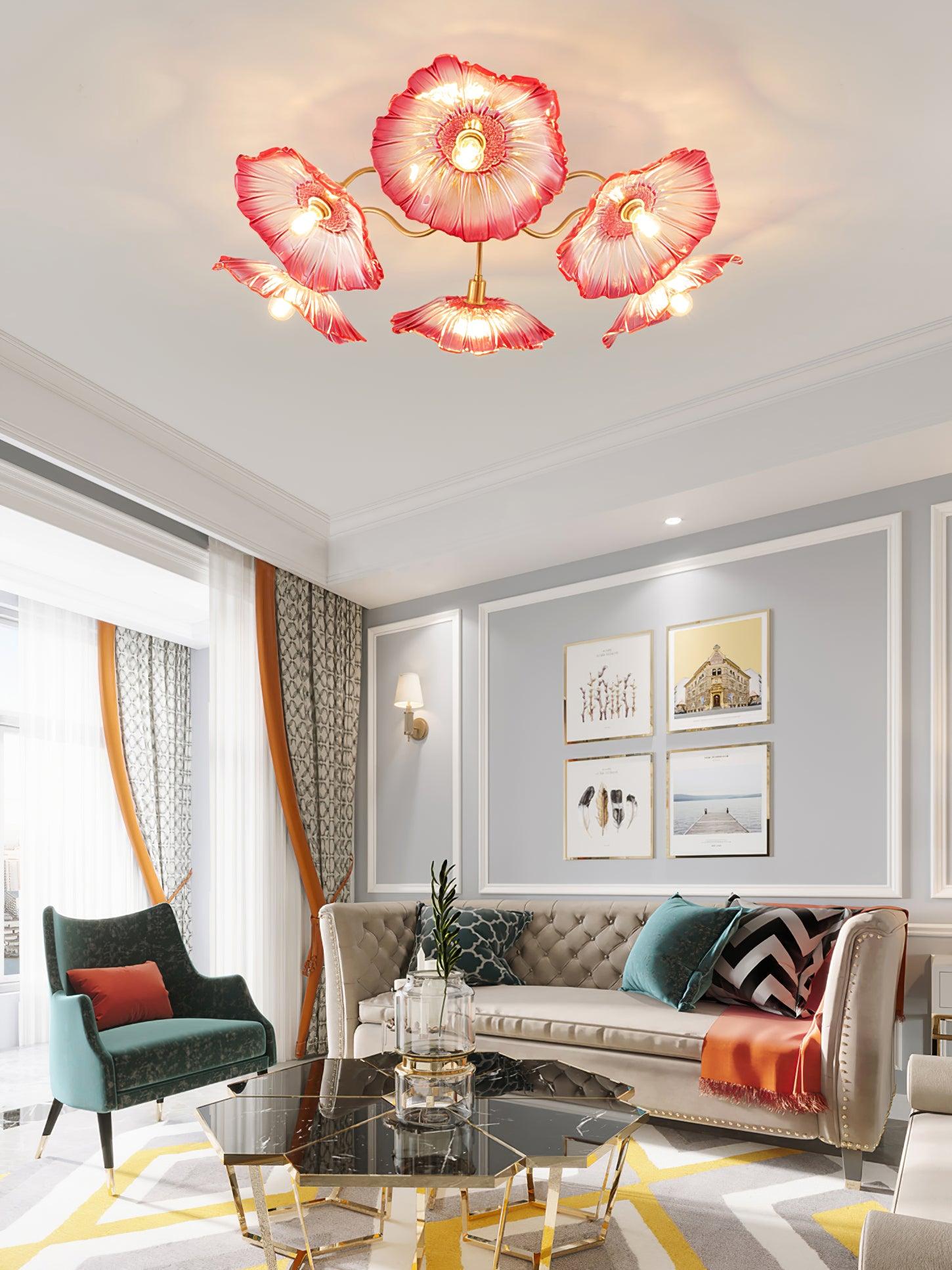 Ceiling Light, Frosted Leaf Glass Shades, Gold, E27, Lotus Leaf