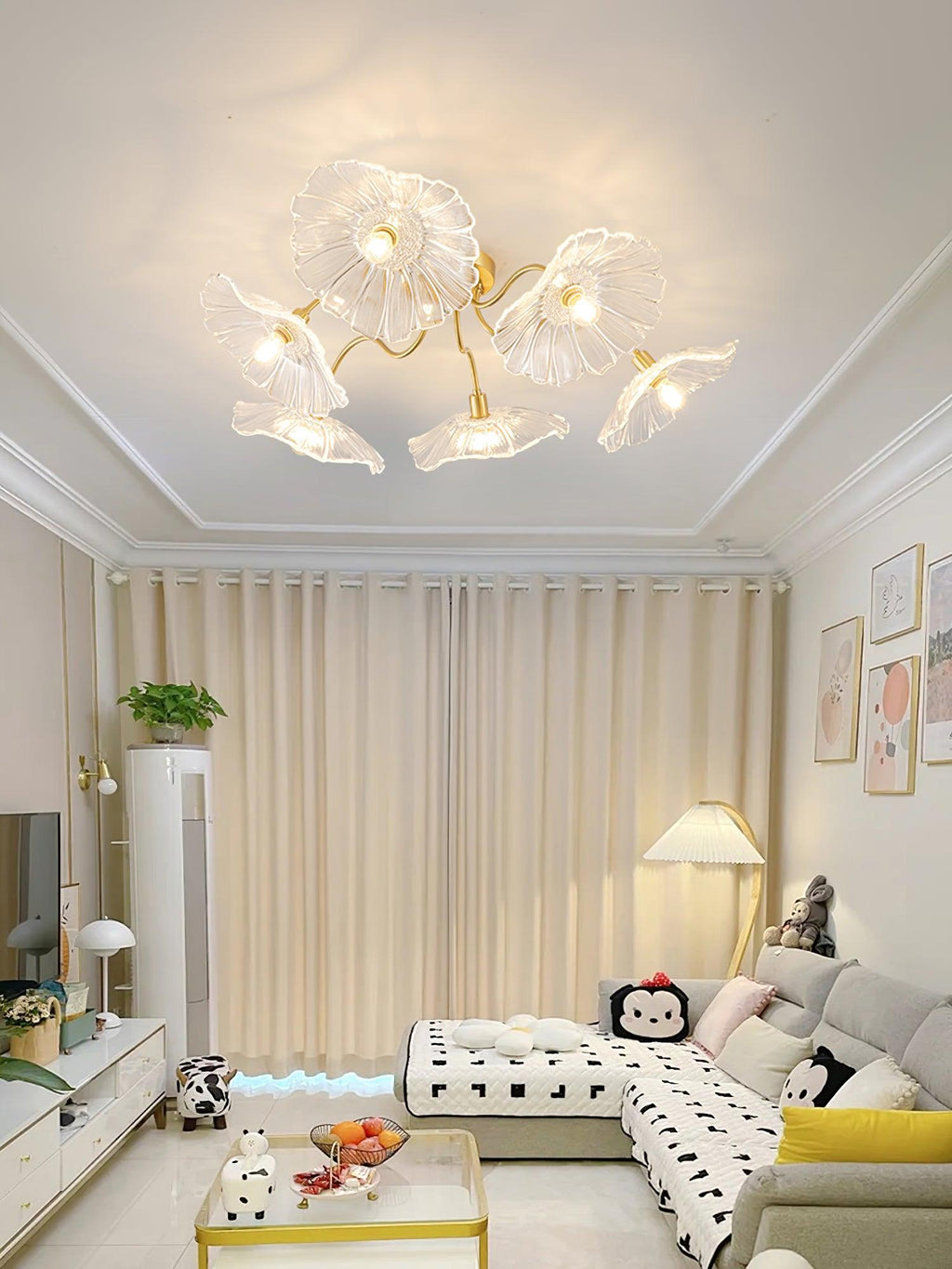 Ceiling Light, Frosted Leaf Glass Shades, Gold, E27, Lotus Leaf
