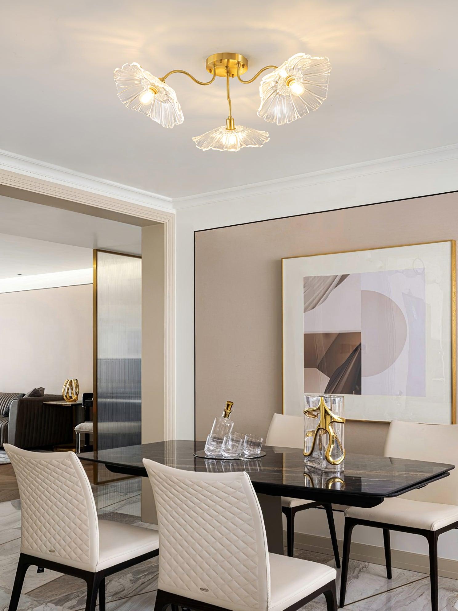 Ceiling Light, Frosted Leaf Glass Shades, Gold, E27, Lotus Leaf