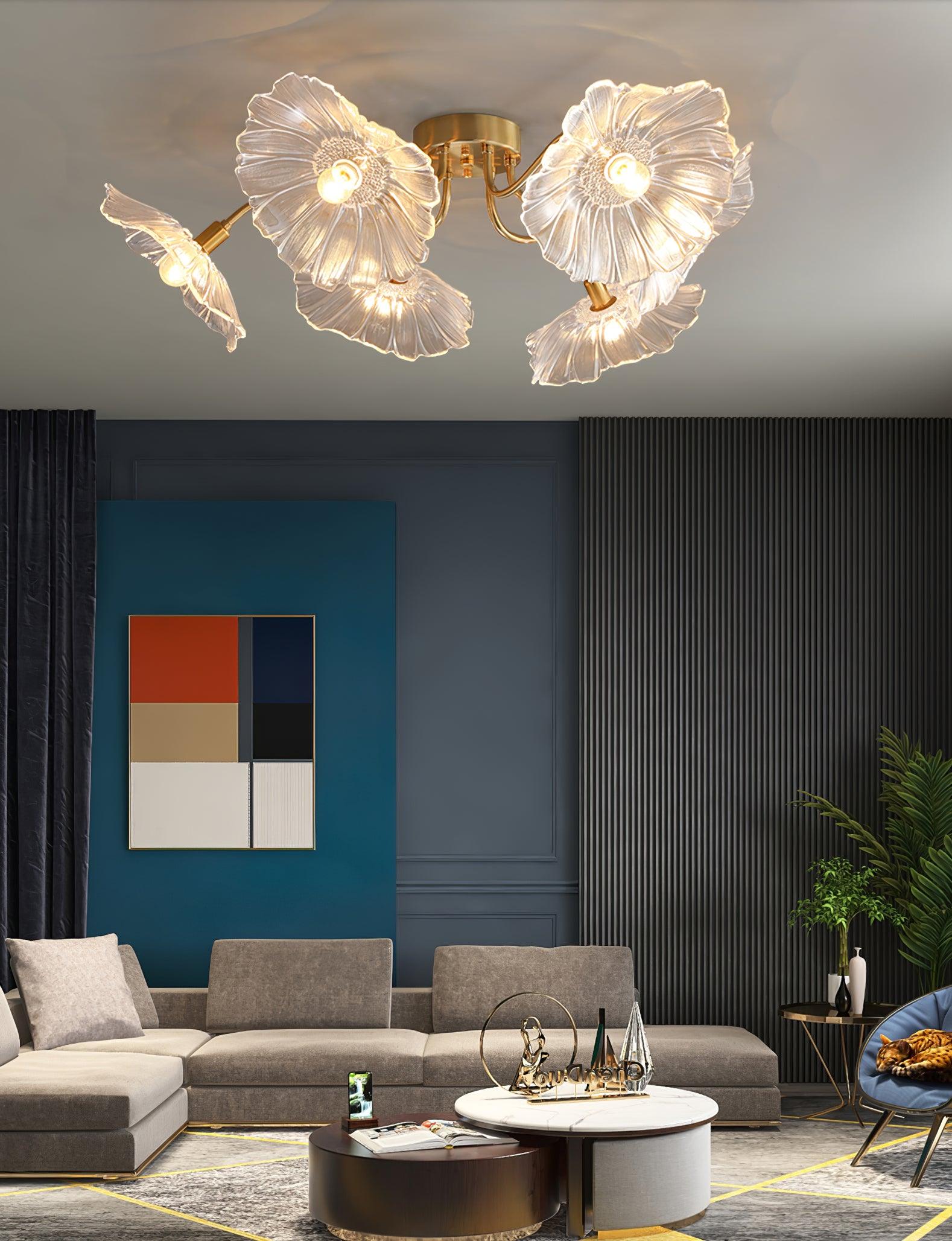 Ceiling Light, Frosted Leaf Glass Shades, Gold, E27, Lotus Leaf
