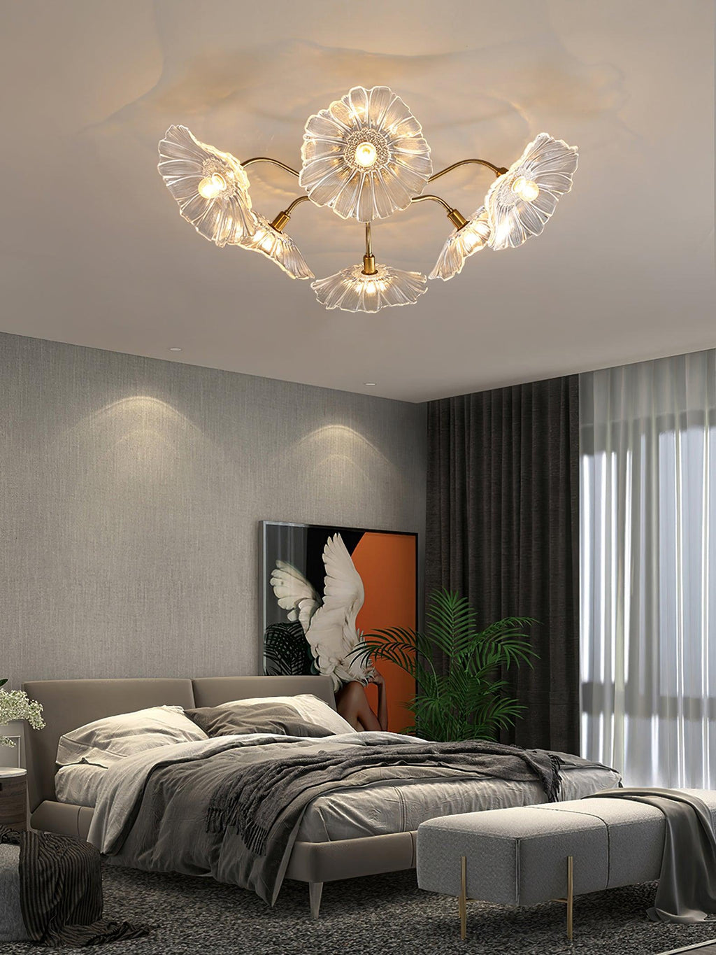 Ceiling Light, Frosted Leaf Glass Shades, Gold, E27, Lotus Leaf