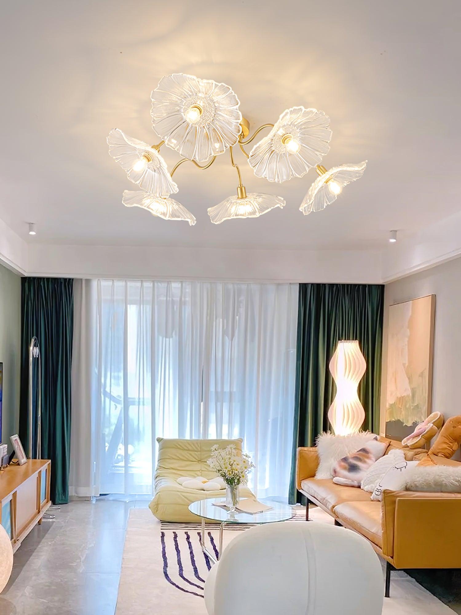 Ceiling Light, Frosted Leaf Glass Shades, Gold, E27, Lotus Leaf