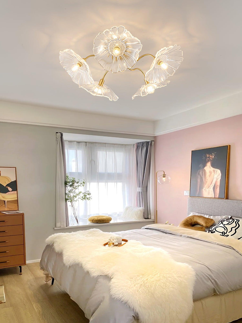 Ceiling Light, Frosted Leaf Glass Shades, Gold, E27, Lotus Leaf