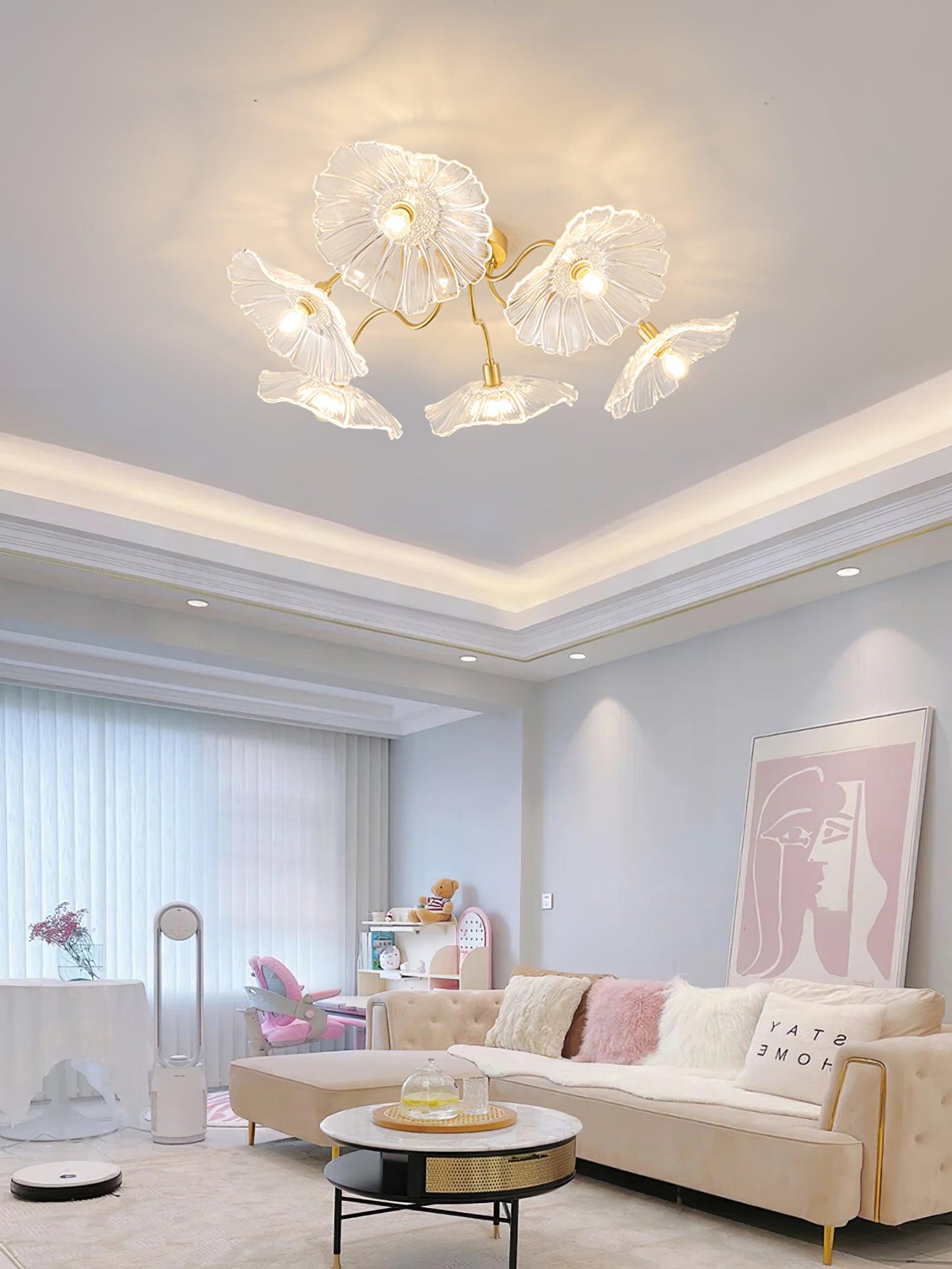 Ceiling Light, Frosted Leaf Glass Shades, Gold, E27, Lotus Leaf