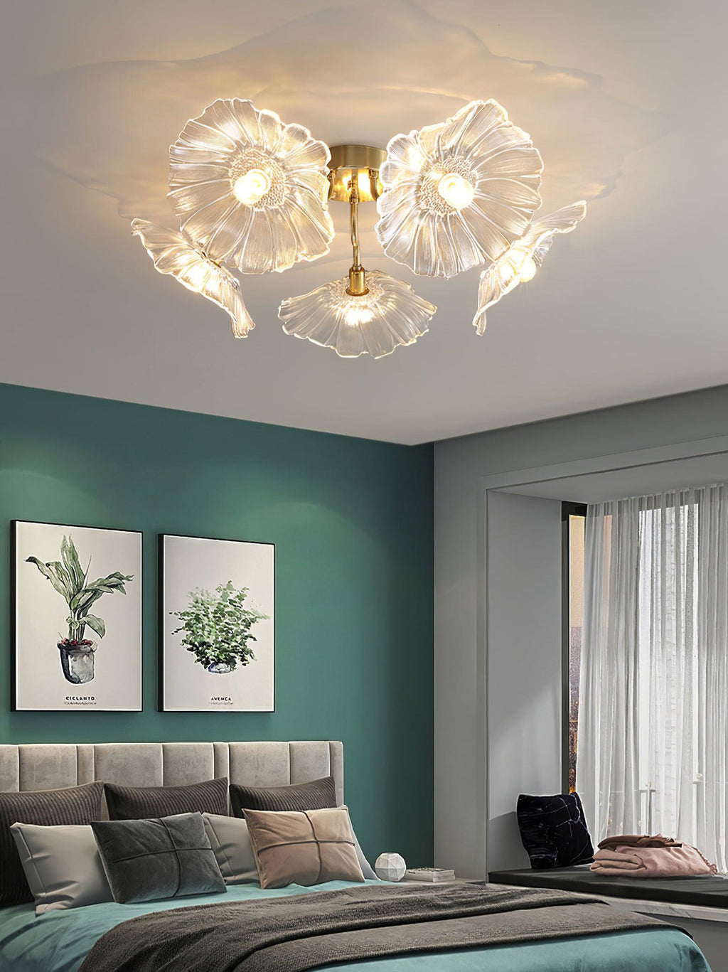 Ceiling Light, Frosted Leaf Glass Shades, Gold, E27, Lotus Leaf