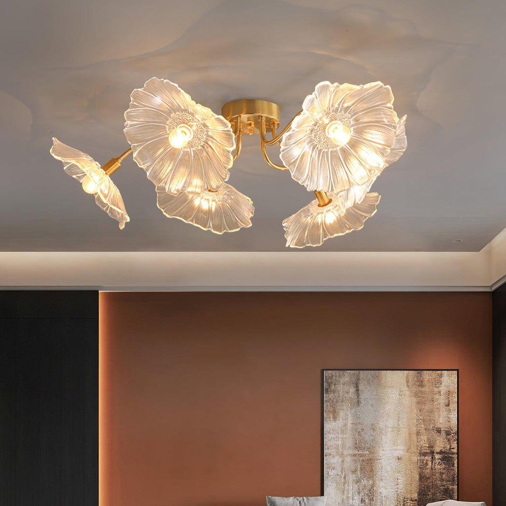Frosted leaf glass ceiling light with warm gold body glowing softly