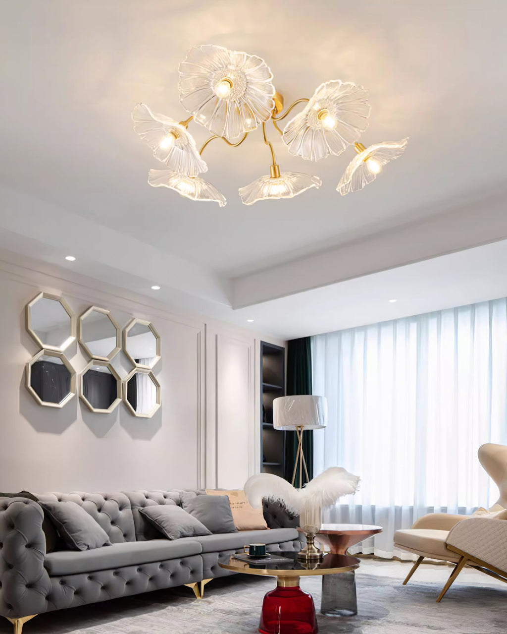 Multi-head frosted glass leaf ceiling light with gold arms